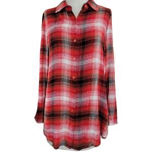 Red and Black Plaid Long Flowy Button Up Flannel Shirt Size Small